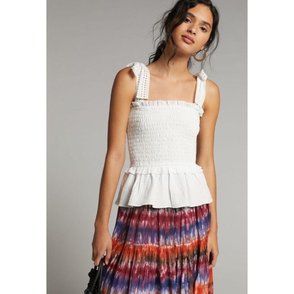ERI & ALI Anthropologie Stephanie Smocked Eyelet Tank White Peplum Top sz XL